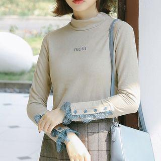 Lace Trim Long-sleeve Lettering T-shirt