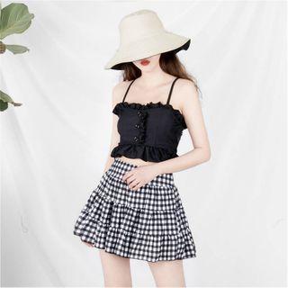 Set: Ruffle Trim Tankini Top + Gingham Swim Skirt