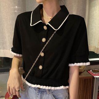 Ruffle Trim Short-sleeve Knit Top Black - One Size