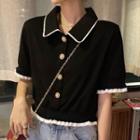 Ruffle Trim Short-sleeve Knit Top Black - One Size