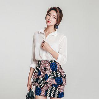 Set: Long-sleeve Blouse + Print Mini Skirt