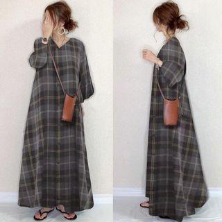 Puff-sleeve Plaid Maxi Dress Dark Gray - One Size