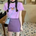 Short-sleeve Print Cropped T-shirt / A-line Mini Skirt