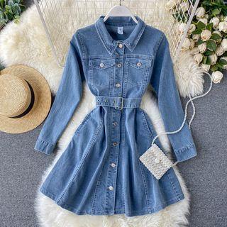 Belted A-line Denim Shirtdress