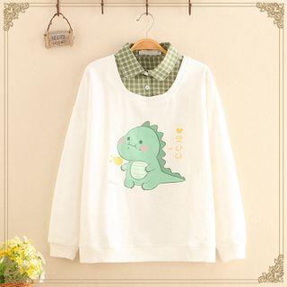 Monster Printed Mock Two Piece Gingham Hoodie