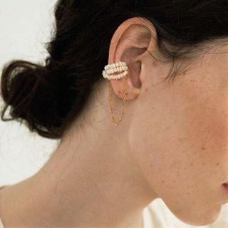 Faux Pearl Layered Ear Cuff 1 Pc - Gold & White - One Size
