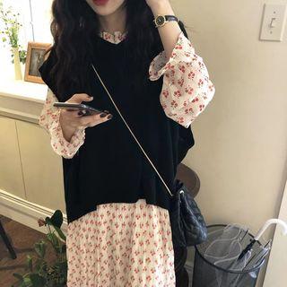Set: Floral Long-sleeve Midi Dress + Knit Vest