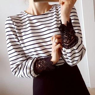 Lace-cuff Bow-back Stripe Top
