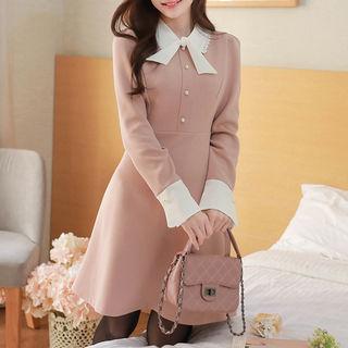 Lace-trim Tie-neck Flare Dress