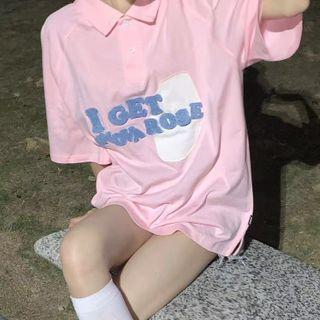 Short-sleeve Letter Embroidered Collared T-shirt Pink - One Size