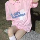 Short-sleeve Letter Embroidered Collared T-shirt Pink - One Size