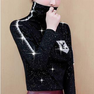 Rhinestone Lettering Mock Neck Glitter Top