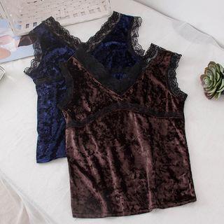 Lace Trim Pleuche Tank Top