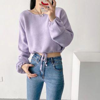 Puff Sleeve Drawstring Plain Crop Sweater