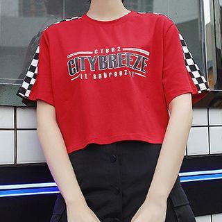Lettering Short-sleeve Cropped T-shirt Red - One Size