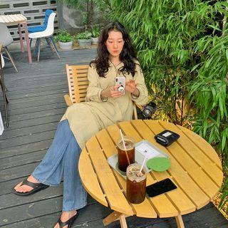 Button-placket Drawcord Maxi Dress