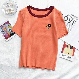 Flower Embroidered Short-sleeve Ribbed Knit Top