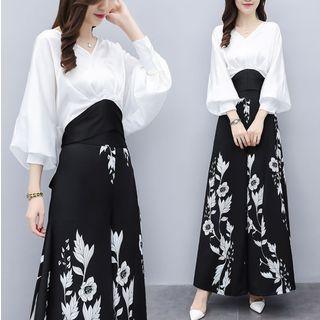 Balloon-sleeve Chiffon Blouse / Flower Print Wide-leg Pants