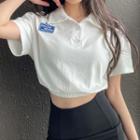 Short-sleeve Lettering Patch Cropped Polo Shirt