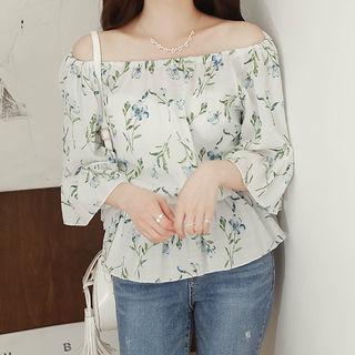 Off-shoulder 3/4-sleeve Floral Print Chiffon Top