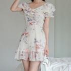Short-sleeve Ruffled Floral Print Mini A-line Chiffon Dress