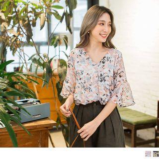 Elbow Sleeve Floral Chiffon Top