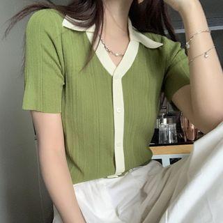 Short-sleeve Polo Collar Color-block Knit Top Green - One Size