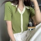 Short-sleeve Polo Collar Color-block Knit Top Green - One Size
