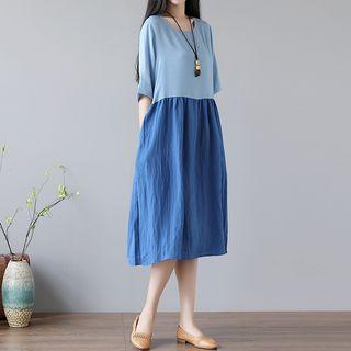 Color Block Elbow-sleeve A-line Dress / Sleeveless A-line Dress