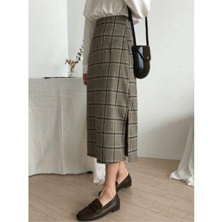 Slit-side Plaid Long Skirt