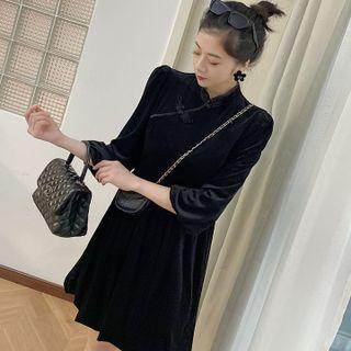 Long-sleeve Frog Button Velvet A-line Dress