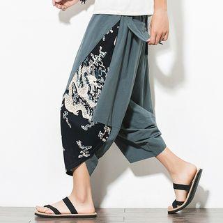 Drawstring Crane Printed Wide-leg Pants