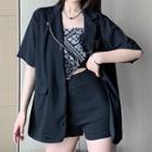 Elbow-sleeve Chained Open-front Jacket / Paisley Print Tube Top / Shorts