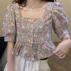 Puff-sleeve Floral Print Buttoned Crop Top Shirt - One Size