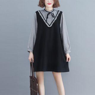 Mock Two-piece Striped Panel Long-sleeve Mini Shift Dress