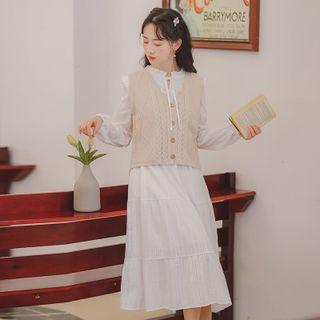 Set: Long-sleeve Tiered Midi A-line Dress + Sweater Vest