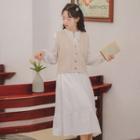 Set: Long-sleeve Tiered Midi A-line Dress + Sweater Vest