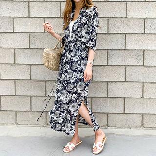 Floral Maxi Robe Cardigan Navy Blue - One Size