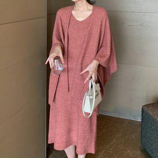Open-front Cape Jacket / Midi A-line Sleeveless Knit Dress