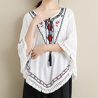 Embroidered Fringed Linen Blouse White - One Size
