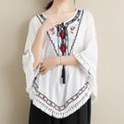Embroidered Fringed Linen Blouse White - One Size