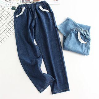 Contrast Trim Band Waist Straight Cut Jeans