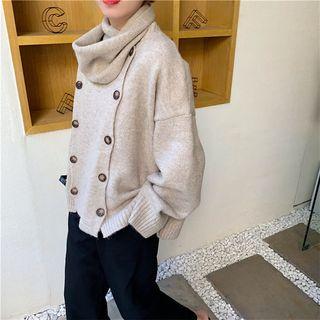 Set: Double-breasted Cardigan + Knit Scarf As Shown In Figure - One Size