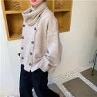 Set: Double-breasted Cardigan + Knit Scarf As Shown In Figure - One Size