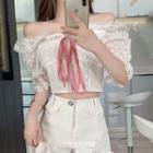 Off-shoulder Ruffled Lace Blouse / Lace Trim Shorts