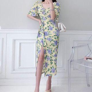 Short-sleeve V-neck Floral Lace-up A-line Dress