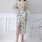 Short-sleeve V-neck Floral Lace-up A-line Dress