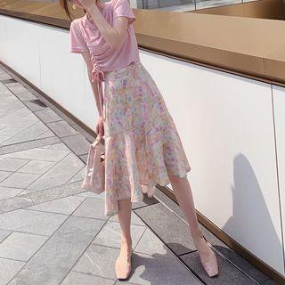 Set: Drawstring Short-sleeve T-shirt + Printed Midi A-line Skirt
