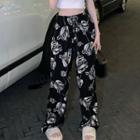 High Waist Floral Loose Fit Pants Black - One Size