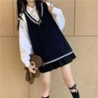 Plain Shirt / Contrast Trim Knit Vest / Mini Pleated Skirt